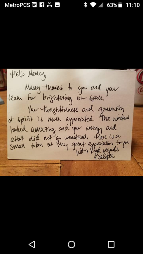 A handwritten customer thank-you note praising window cleaning services from Sheer White Cleaning in Cincinnati, OH.