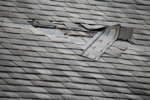 A close-up of a severely damaged asphalt shingle roof requiring repair from Papillion Windows & Siding - NE in Papillion, NE.