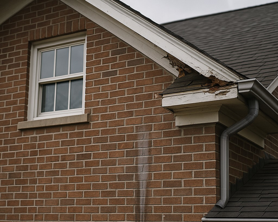 Close-up of a house with damaged fascia and gutter, showing signs of water damage, by Proshield Waterproofing & Restoration in Overland Park, KS