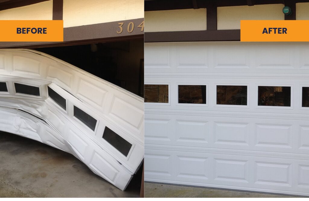 Before and after view of a damaged garage door replaced with a new white panel door by Carmichael Garage Door in Carmichael, CA.