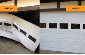 Before and after view of a damaged garage door replaced with a new white panel door by Carmichael Garage Door in Carmichael, CA.