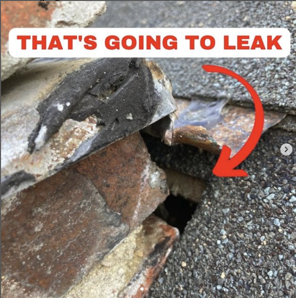 Damaged roof flashing and chimney mortar indicating a potential leak, identified by Double H Inspections in Sheridan, WY
