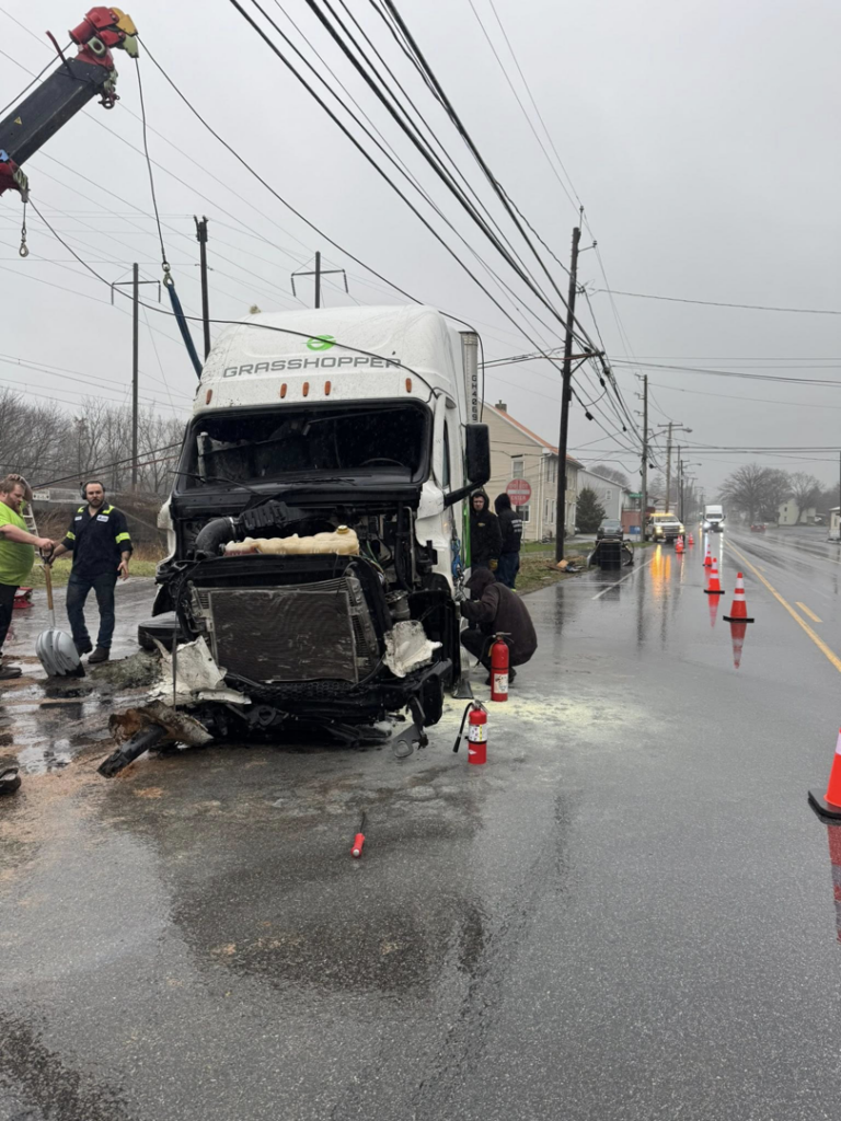 Alliance Towing crew recovering a heavily damaged semi-truck after an accident in Lancaster, PA.