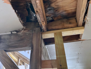 Damaged wooden structural beams and posts, with new lumber for support, indicating water damage repair by Service Rite in Lincoln, NE.