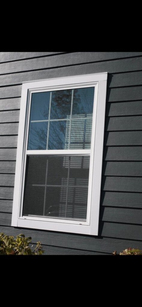 Close-up of dark horizontal siding with white window trim, showcasing quality work by Ideal Siding Austin in Austin, TX.