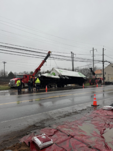 Alliance Towing performing a daytime heavy recovery operation on an overturned trailer in Lancaster, PA.