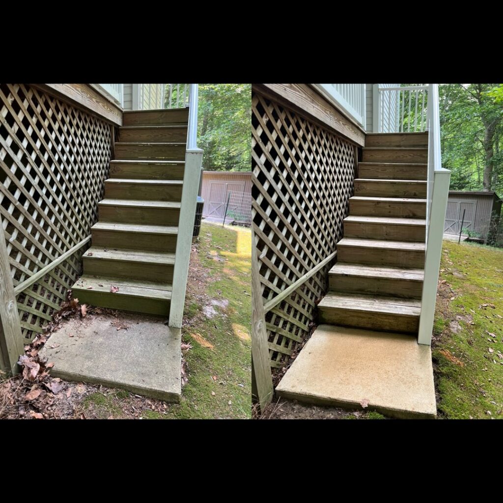 Before and after cleaning of wooden deck stairs and concrete landing by Miles Dynamic Cleaning in Baltimore, MD
