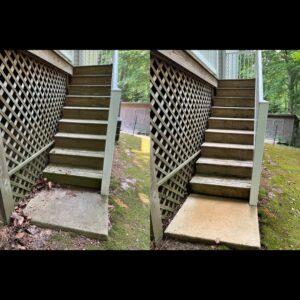 Before and after cleaning of wooden deck stairs and concrete landing by Miles Dynamic Cleaning in Baltimore, MD