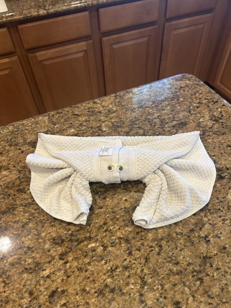 A decorative folded towel with googly eyes on a clean countertop, a special touch from Nichole's Cleaning Service in Fort Wayne, IN