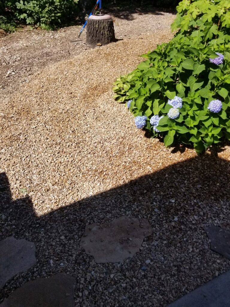 A beautiful decorative rock landscape bed with a blooming hydrangea bush by Full Throttle landscapes and lawn care in Port Orchard, WA.