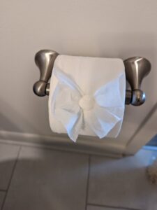 A toilet paper roll neatly folded into a decorative bow, a signature touch from Premier Uptown Clean in Charlotte, NC