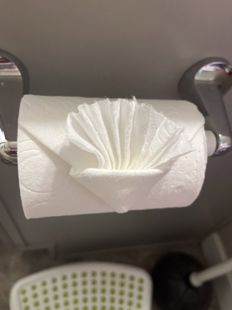 A toilet paper roll neatly folded in a decorative fan pattern, a detail often provided by The Cleaning Fairy in Fort Lauderdale, FL.