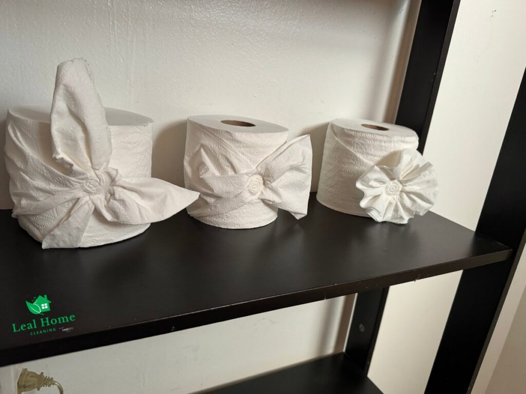 Decoratively folded toilet paper rolls on a shelf, a detail from Leal Home Cleaning in San Francisco, CA.