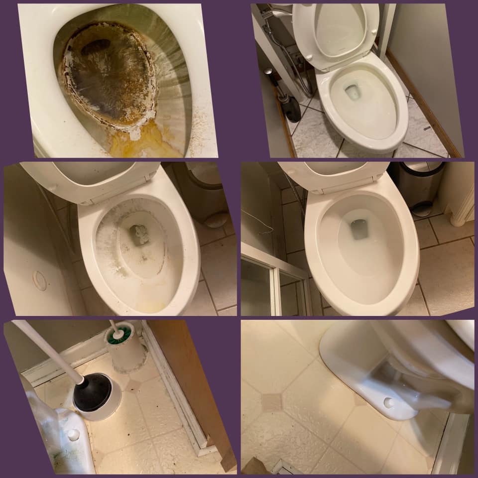 Multiple before and after photos demonstrating deep cleaning of very dirty toilets and bathroom floors by Alissa's Cleaning Service L.L.C in Indianapolis, IN.