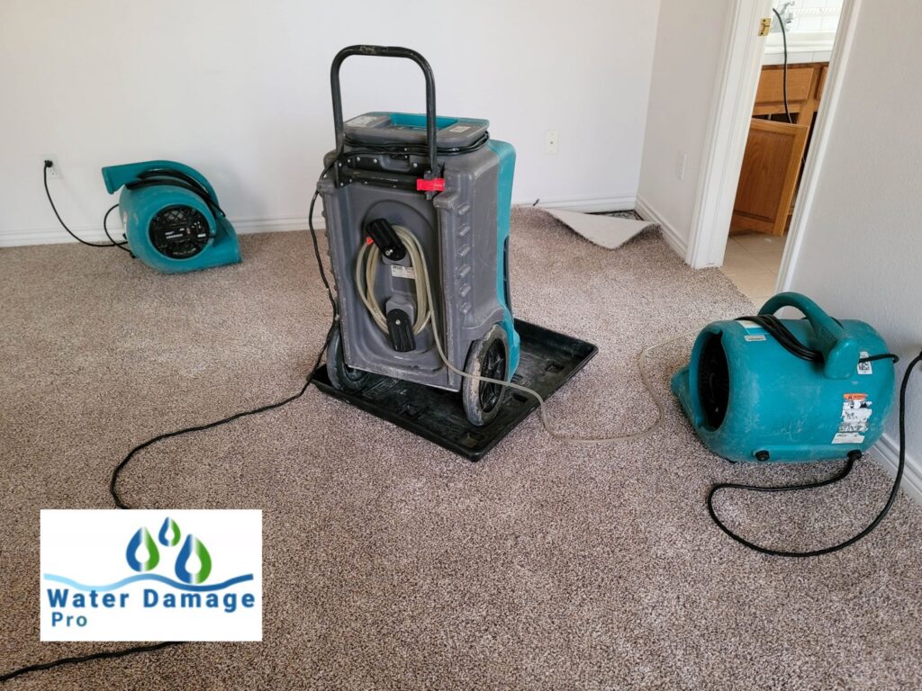 A large dehumidifier and air movers drying a carpeted room after water damage with Water Damage Pro in Minneapolis, MN