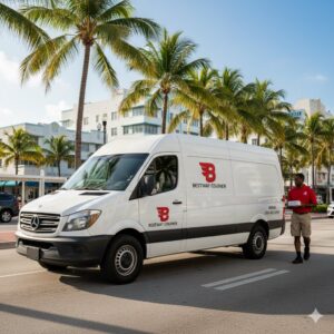 A Best Way Courier delivery driver walking with a package next to a branded van in Miami, FL.