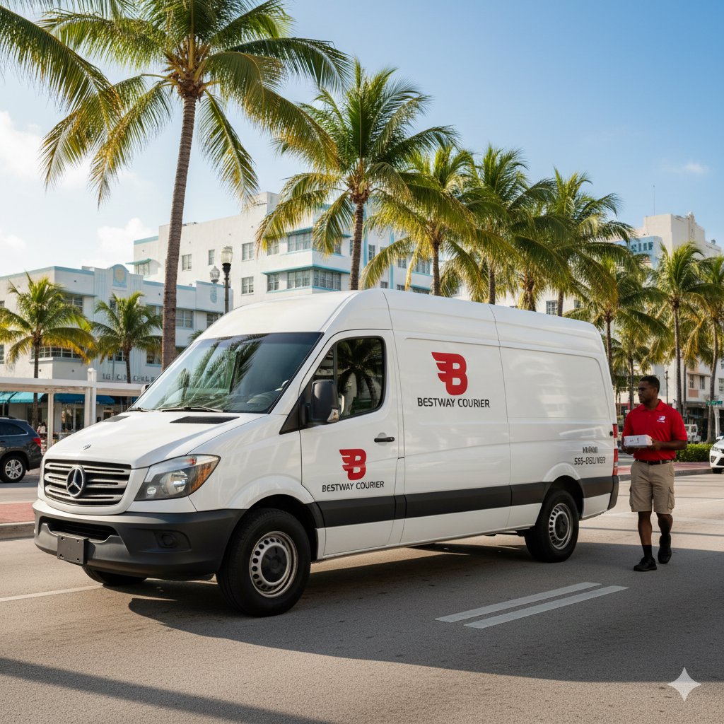 A Best Way Courier delivery driver walking with a package next to a branded van in Miami, FL.