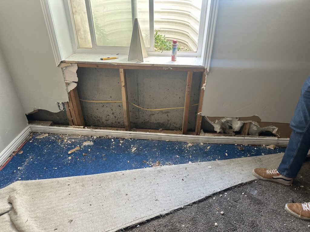A demolished wall exposing studs and insulation after water damage, with carpet pulled back, by Idaho Disaster Pros in Idaho Falls, ID.