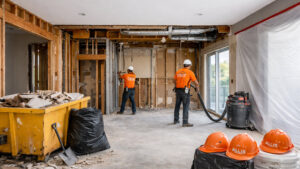 Demolition crew performing interior tear-out with tools and a debris bin at a job site for Allis Demolition & Hauling LLC in Omaha, NE