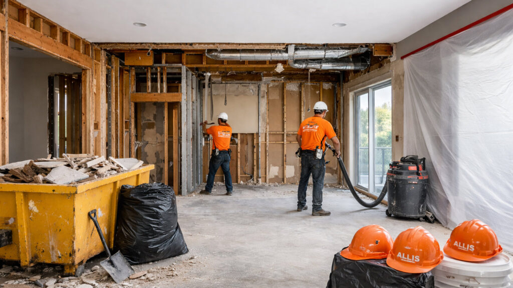 A demolition crew working on an interior project, clearing debris for Allis Demolition & Hauling LLC in Omaha, NE