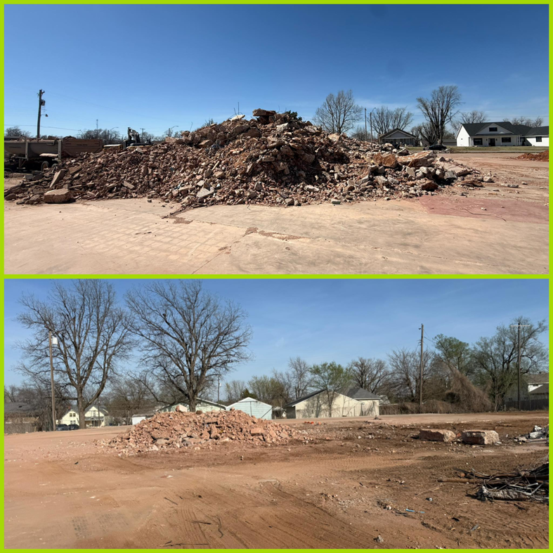 A before and after collage showing demolition debris and site clearing by Enfield Demolition & Excavation LLC in Enid, OK.