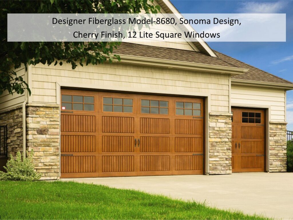 A Designer Fiberglass Model 8680 garage door with Sonoma Design and Cherry Finish installed by Wayne Dalton Sales & Service of Quad Cities in Davenport, IA.