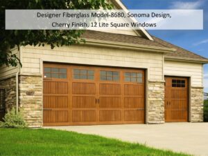 A Designer Fiberglass Model 8680 garage door with Sonoma Design and Cherry Finish installed by Wayne Dalton Sales & Service of Quad Cities in Davenport, IA.