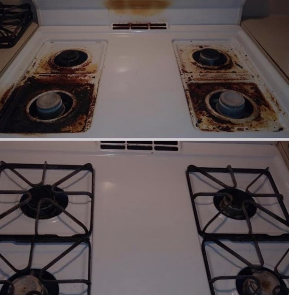 Close-up view of stove burners before and after deep cleaning by McGarvey Cleaning in Vancouver, WA.