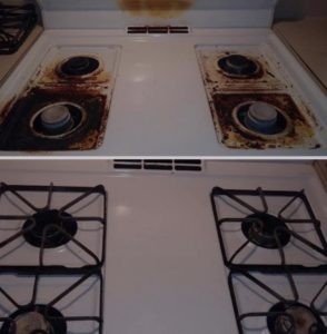 Close-up view of stove burners before and after deep cleaning by McGarvey Cleaning in Vancouver, WA.