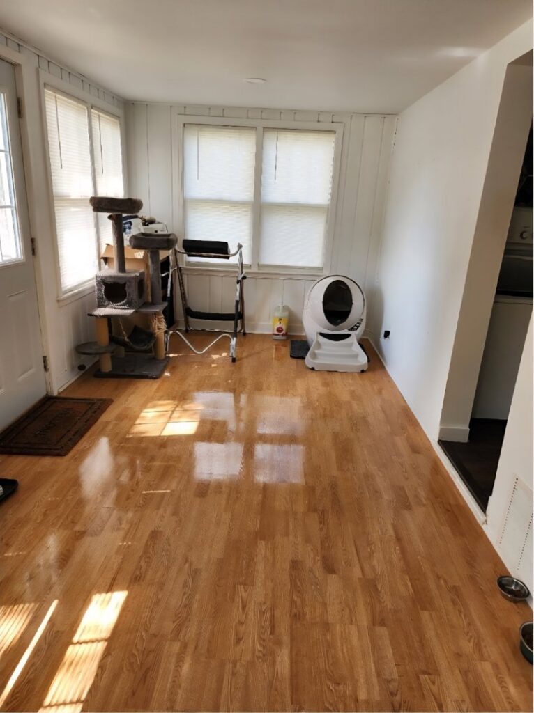 A dining area floor before and after deep cleaning by Wisconsin Cleaners LLC in Green Bay, WI, showing a polished finish.