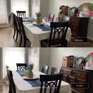 Before and after view of a dining room, showcasing a professional cleaning and tidying service by Page not active in St. Charles, IL.