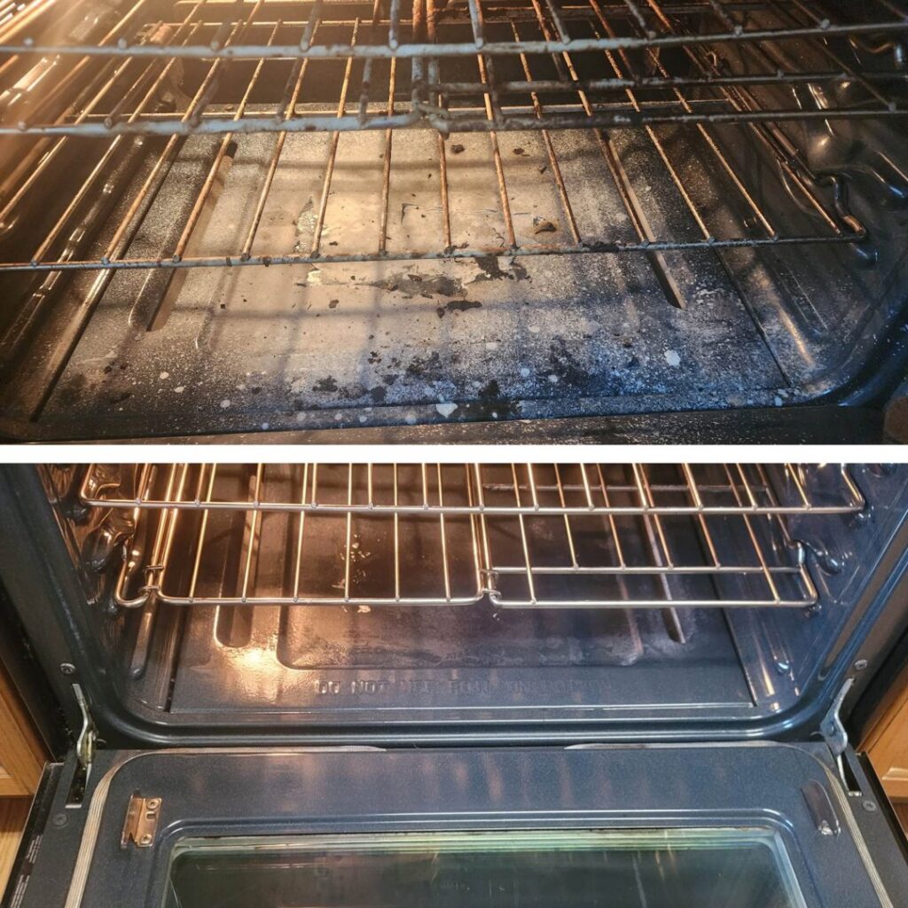 A split image showing a dirty oven interior (top) and a sparkling clean oven interior (bottom) by Rita's cleaning in Fort Worth, TX.