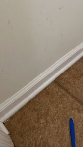 A dirty baseboard with visible scuff marks and grime, indicating an area ready for cleaning by JLJ Sister's Cleaning & More in Lexington, KY.