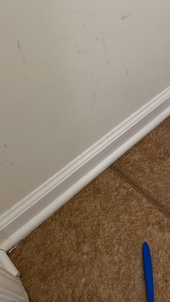 A dirty baseboard with visible scuff marks and grime, indicating an area ready for cleaning by JLJ Sister's Cleaning & More in Lexington, KY.
