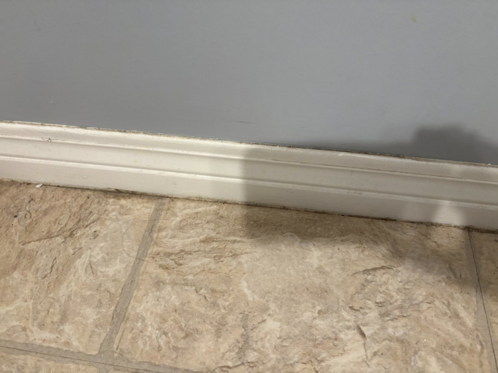 A dusty baseboard and floor before a thorough cleaning service from Sprinkled Clean in Bangor, ME.