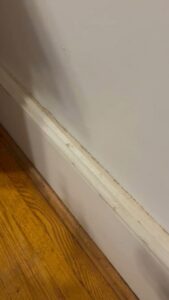 A close-up view of dirty baseboards along a wooden floor, highlighting the detailed cleaning services of Royal Madam Cleaning LLC in Charlotte, NC.