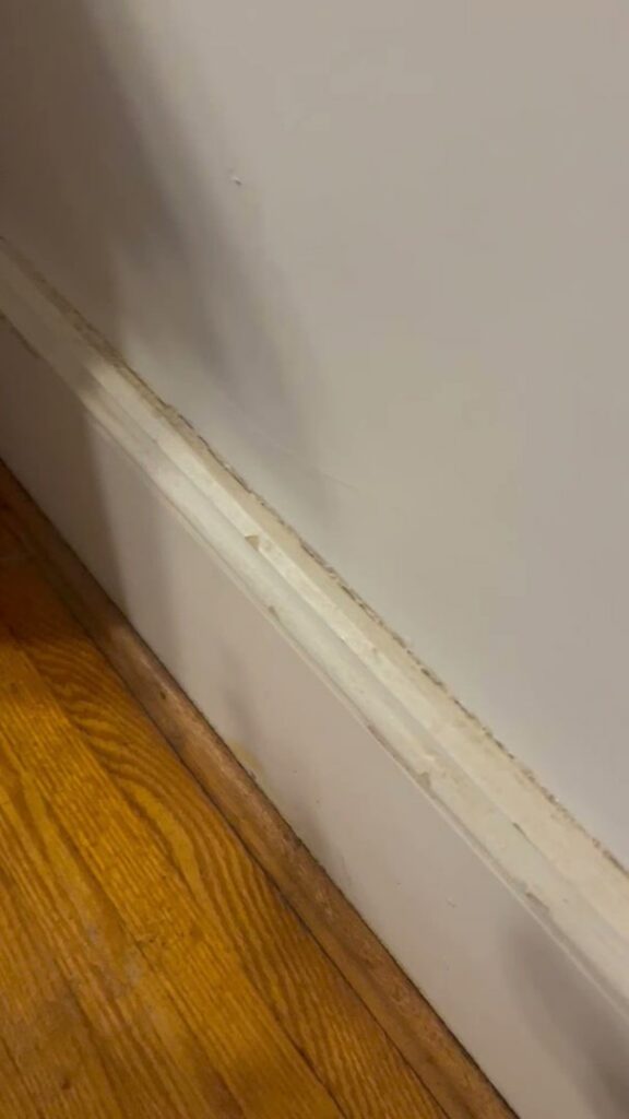 A close-up view of dirty baseboards along a wooden floor, highlighting the detailed cleaning services of Royal Madam Cleaning LLC in Charlotte, NC.