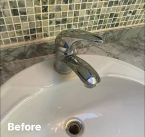 A dirty bathroom sink faucet with water spots and grime before cleaning by Nicy Cleaning Service in Danbury, CT.