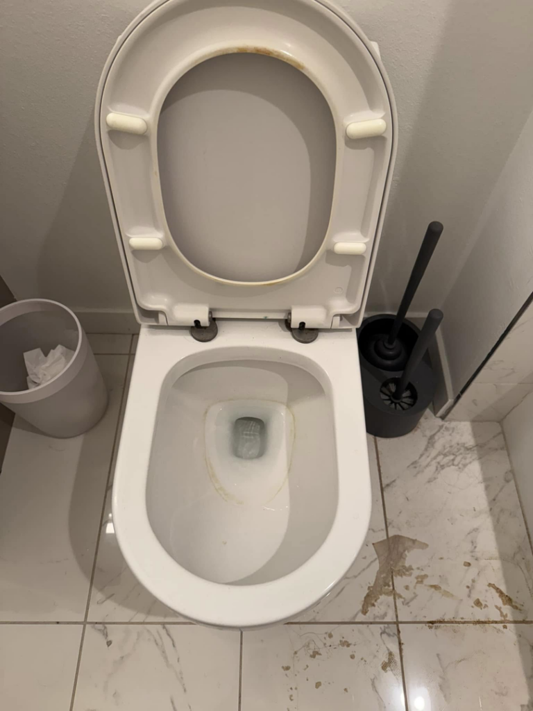 A very dirty bathroom toilet and floor, showing the need for F & E House Cleaning Services in Los Angeles, CA.