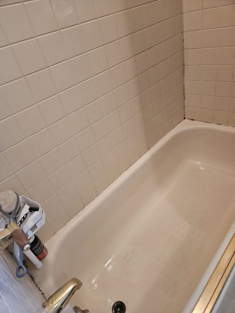 A dirty bathtub and tiled wall before deep cleaning by Ady's Housekeeping in Yakima, WA