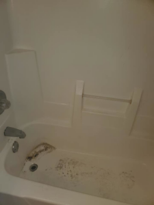 A dirty bathtub with grime and mold, showing the need for professional cleaning by Tip Top Cleaning in Champaign, IL.