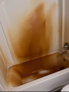 A very dirty bathtub and shower curtain with heavy rust and grime stains, showing a cleaning challenge for Jenny Can Cleaning Company in Canton, OH.