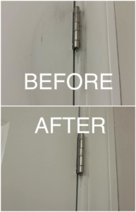 Before and after photo showing a dirty door hinge cleaned by LIFE MAID EASY in Butte, MT