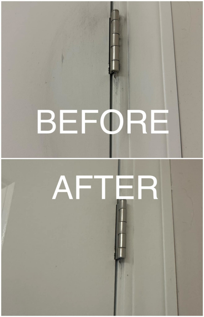 Before and after photo showing a dirty door hinge cleaned by LIFE MAID EASY in Butte, MT