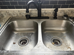 A dirty double kitchen sink with food debris and water stains before cleaning by Tri-State Clean Queen in Elsmere, KY.