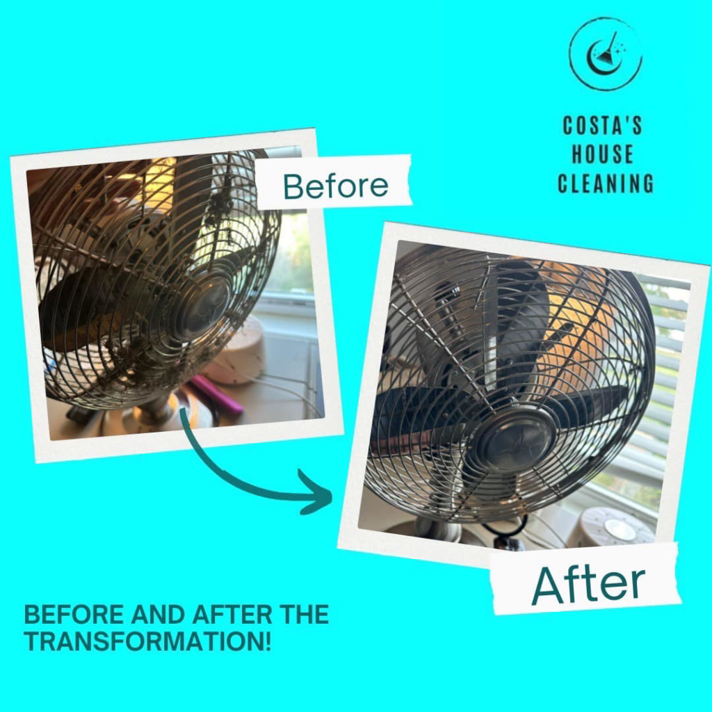 Before and after of a dusty fan cleaned by Costa cleaning services in Salisbury, MD.
