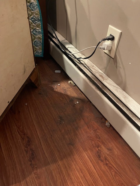 A dirty floor and baseboard with debris, showing an area before cleaning by Straight Up Cleaning in South Portland, ME.