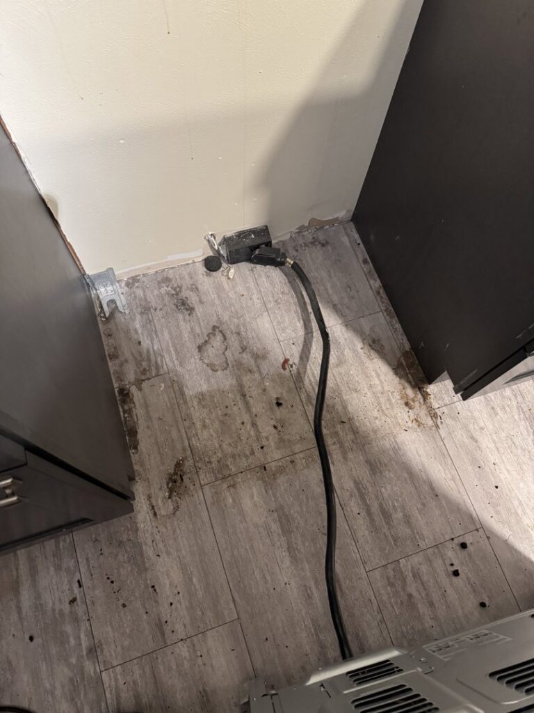 A very dirty floor area behind a kitchen appliance before deep cleaning by Grant Cleaning in Missoula, MT.