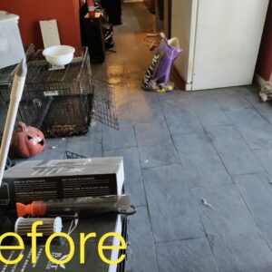 A dirty tiled hallway floor with some clutter, marked 'Before' cleaning by Mighty Mess Maid in Elizabethtown, KY.