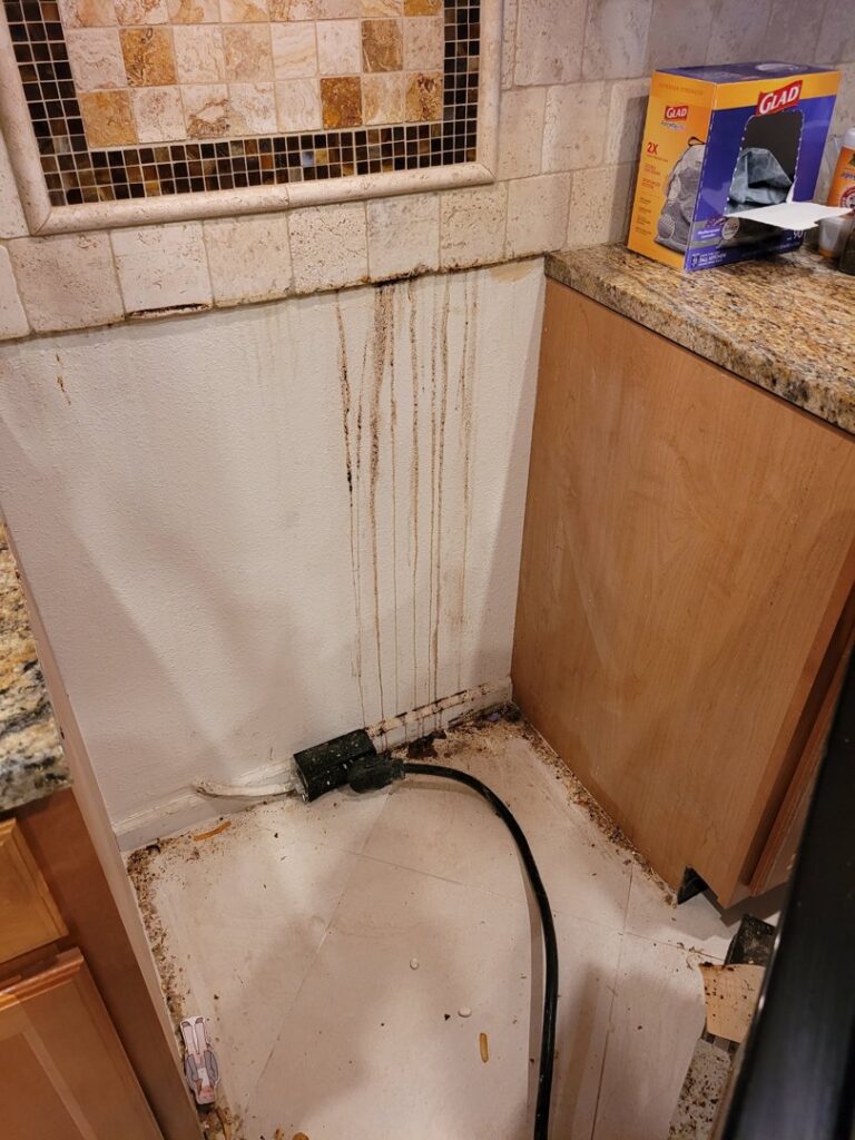A very dirty kitchen corner with grime and debris, showing a challenging cleaning task for Benin Cleaning Services LLC in Orange Park, FL.